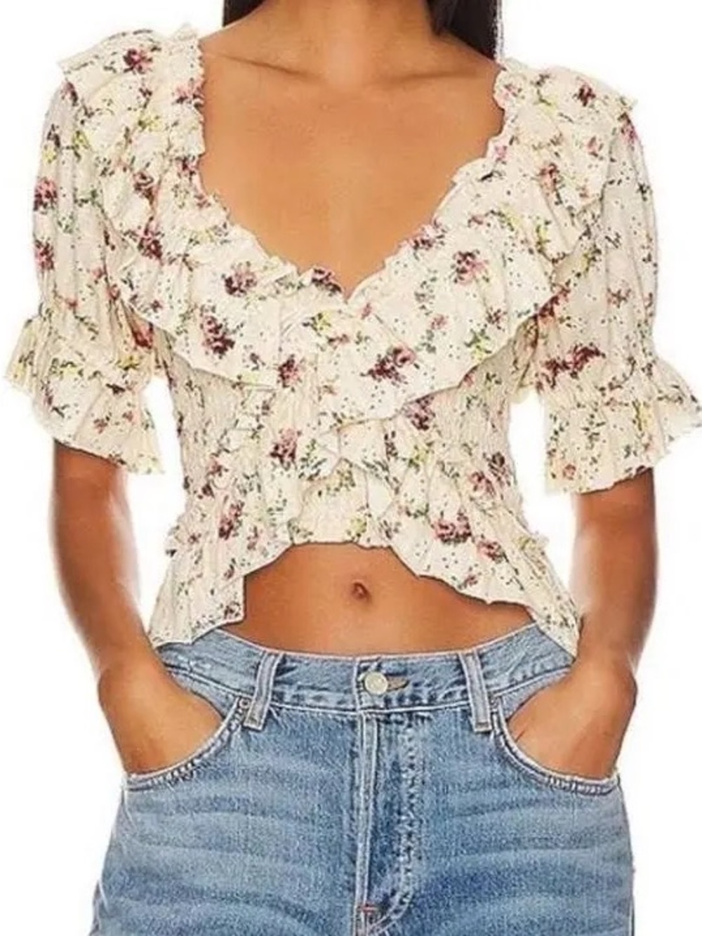 Free People Cream Floral Ruffle Crop Top